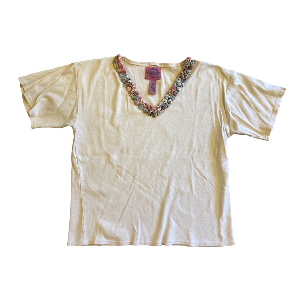 Cottagecore Grandmacore Cambridge Country Store Cream Cotton Floral V-Neck Top M
